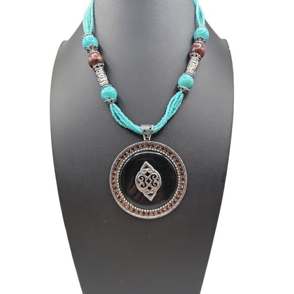 Faux Turquoise Large Pendant Necklace Runway Style Silver Tone 21" Beaded Chain - Picture 3 of 16